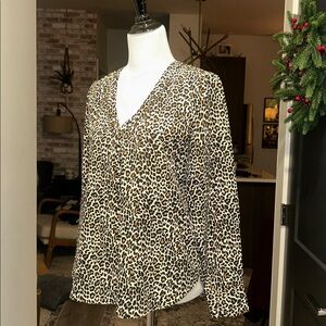 J. Crew S Black tan White v neck long sleeve Leopard Print Blouse
